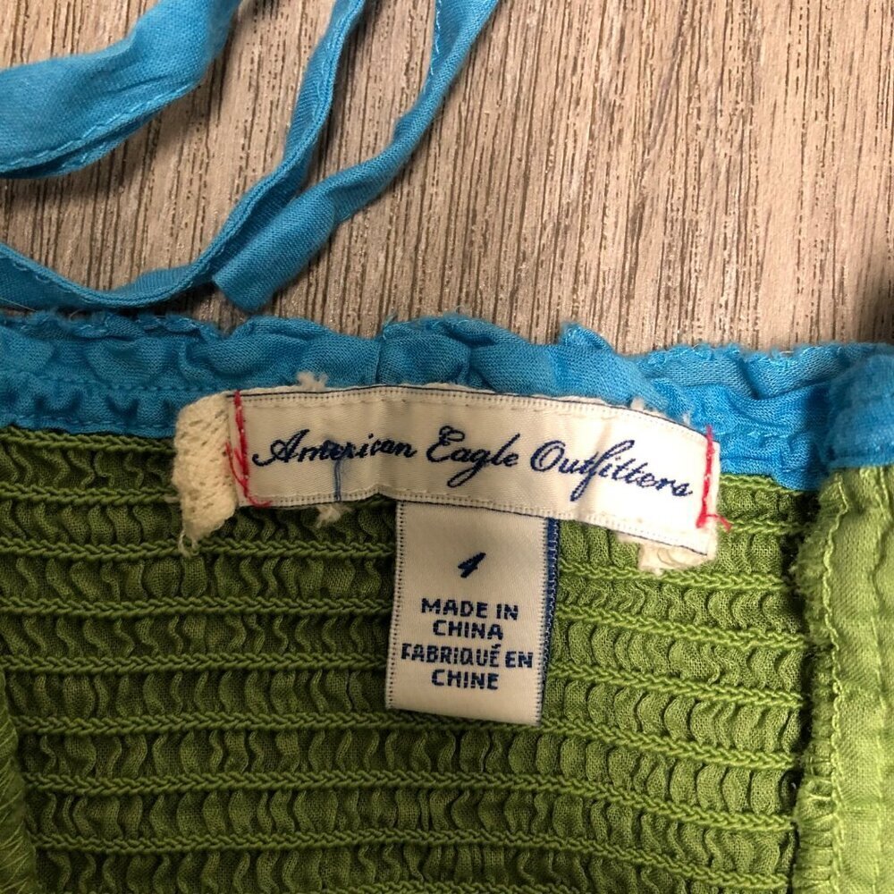 Vintage Y2K American Eagle Size 4 Baby Doll Dress Tier Ruffle Blue Green Cotton - Picture 9 of 11